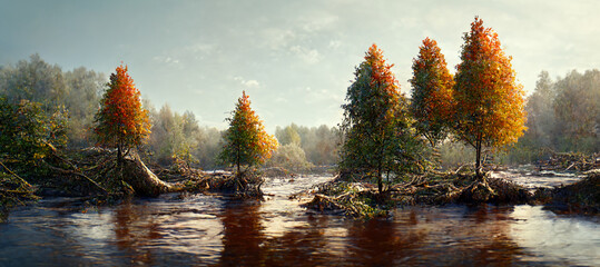 3D render. An autumn forest with big trees and river background