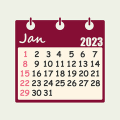 January 2023 Wall Hanging Calendar Icon, Study Work Business Schedule Agenda Symbol,. new year 2023 isolated vector illustration 
