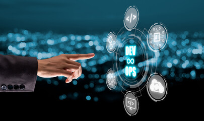 DevOps concept, Man hand touching DevOps icon on VR screen with blue bokeh background, Methodology...