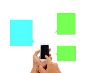 Phone in hand - to work on a smartphone with opening speech on transparent background png file