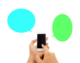 Phone in hand - to work on a smartphone with opening speech on transparent background png file