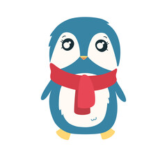 Penguin in red scarf. Cute Christmas penguin character. Vector illustration isolated in white background