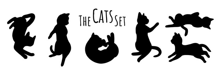 Cat poses doodle set. Cats silhouettes in different poses. Cute vector illustration