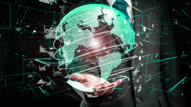 Businessman show hologram of global business communication allusive technology. Virtual augmented reality generated by 3D rendering motion graphic and animation to create futuristic HUD . - Powered by Adobe