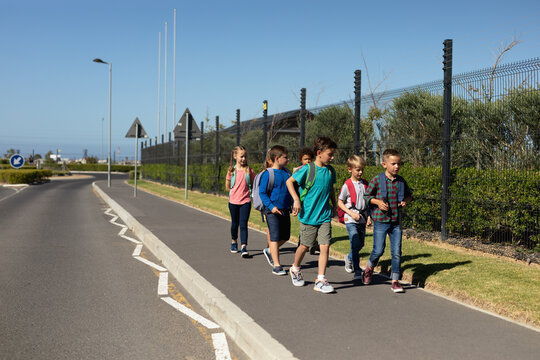 Group of elementary school pupils walking along a road