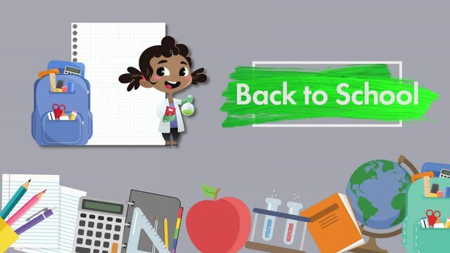 Back To School text and multiple school icons against grey background