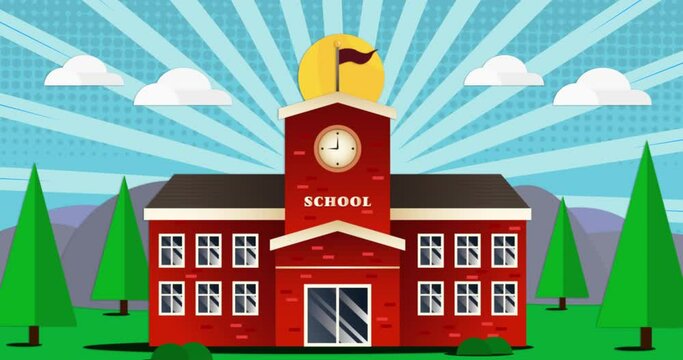 School building icon against sky in background