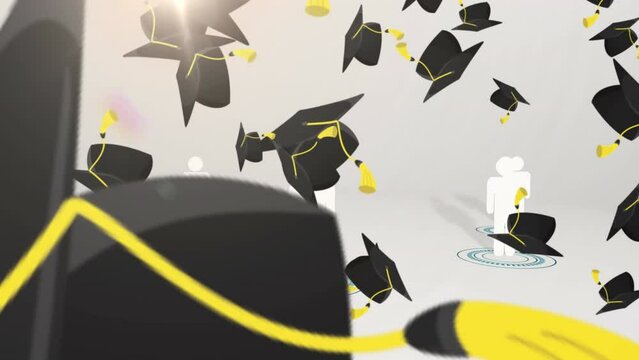 Multiple Graduation Caps Falling Against Multiple People Icons Maintain Social Distancing
