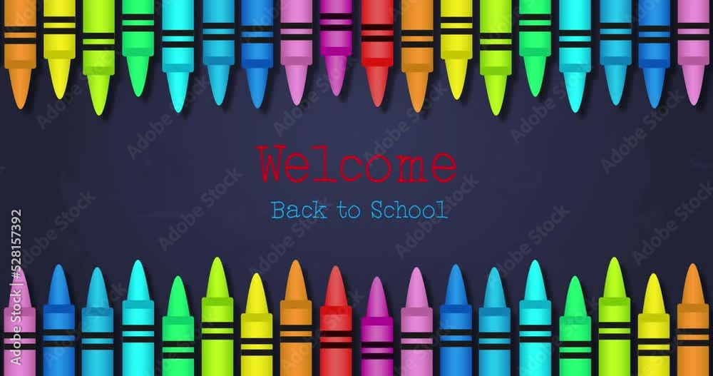 Poster Welcome back to school text against multiple colored crayons on blue background