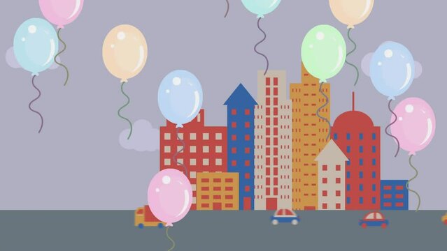 Balloons floating over cityscape
