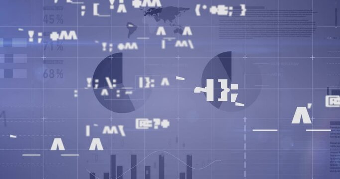 Animation of digital interface with symbols changing, financial data processing and statistics