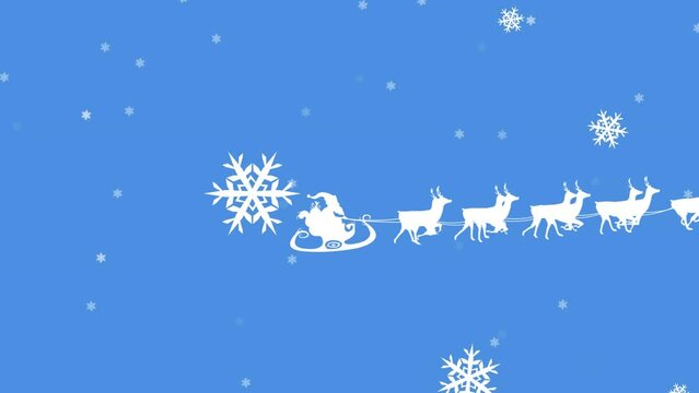 Animation of winter scenery with snowflakes falling and santa claus in sleigh being pulled by reinde