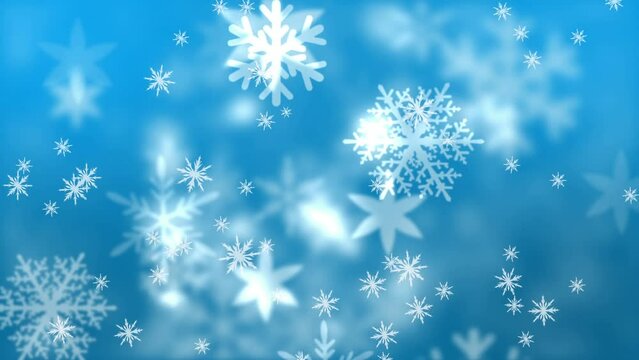 Animation of winter scenery with snowflakes falling on blue background