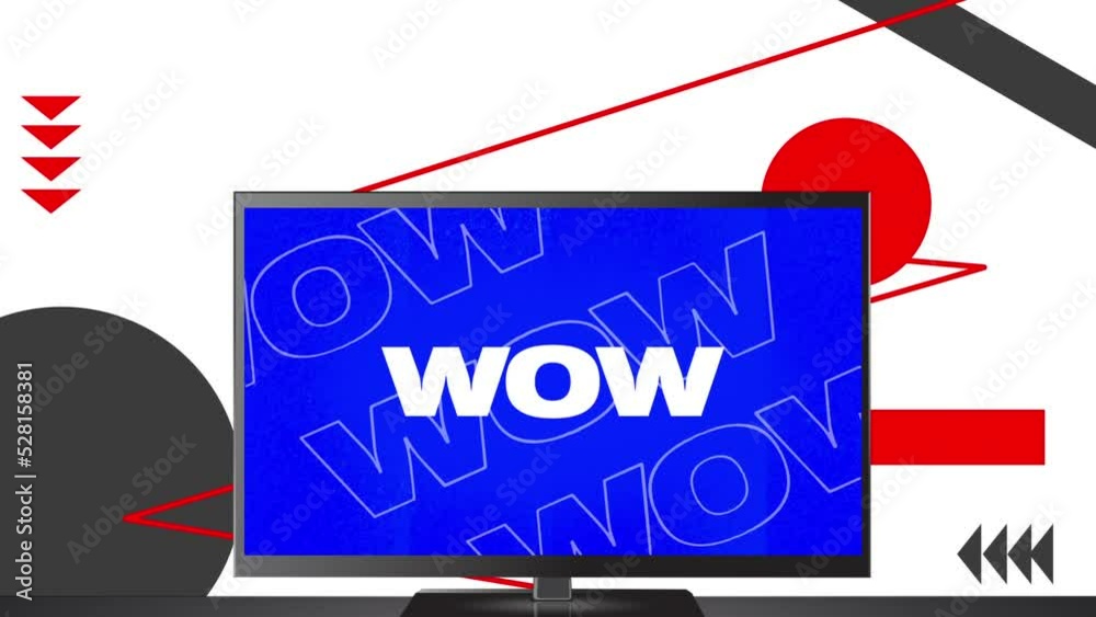 Poster animation of multiple wow white text over television screen with changing backgrounds and geometric