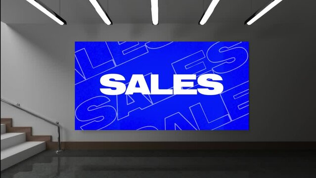 Animation of multiple sales white text over screen on changing backgrounds