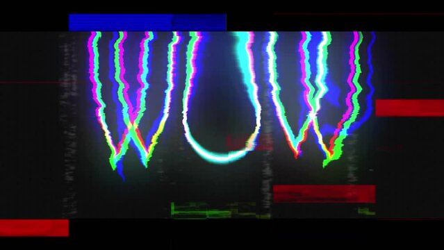 Animation of glowing wow text with glitch and colourful stripes on black  background