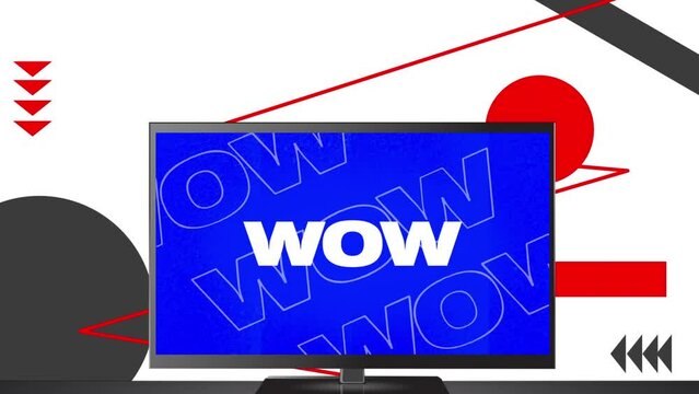 Animation of multiple wow white text over television screen with changing backgrounds and geometric 
