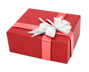 Red gift box with ribbon bow on transparent background png file