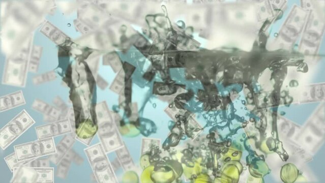 Animation of falling pills into water over floating banknotes on the light background