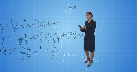 Animation of caucasian businesswoman over mathematical equations on blue background - Powered by Adobe