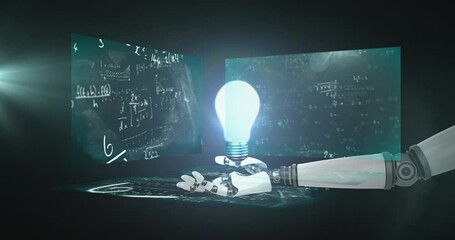 Animation of light bulb and robotic hand over mathematical equations on black background - Powered by Adobe