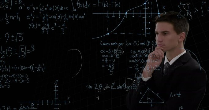 Animation of caucasian businessman over mathematical equations on black background