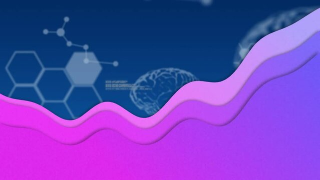 Animation of network of connections with icons over human brains with purple wave