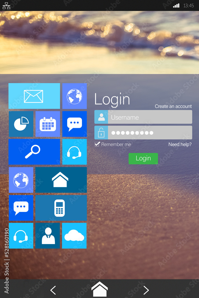 Poster digitally composite image of various computer icons with login window on device screen