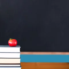 Foto op Plexiglas anti-reflex Red apple on pile of books in classroom © vectorfusionart