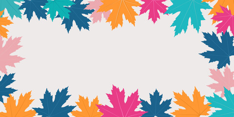 Fototapeta premium Autumn seasonal background with long horizontal border made of falling autumn golden, red and orange colored leaves isolated on background. Hello autumn vector illustration