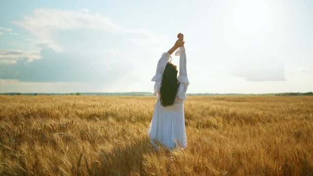 beautiful agricultural landscape with golden wheat fields and graceful woman between ears, rear view