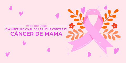 Banner por el Día Internacional de lucha contra el Cáncer de mama con un lazo rosa (19 de Octubre).  - obrazy, fototapety, plakaty