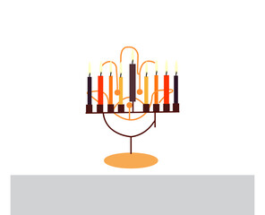 Happy Hanukkah, Jewish Festival of Lights scene with people, happy families with children. Happy Hanukkah lettering in Hebrew. Original Hebrew font logo with Hanukkah menorah (candelabra) for postcard