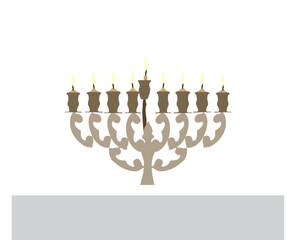 Happy Hanukkah, Jewish Festival of Lights scene with people, happy families with children. Happy Hanukkah lettering in Hebrew. Original Hebrew font logo with Hanukkah menorah (candelabra) for postcard