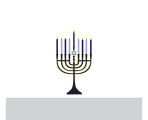 Happy Hanukkah, Jewish Festival of Lights scene with people, happy families with children. Happy Hanukkah lettering in Hebrew. Original Hebrew font logo with Hanukkah menorah (candelabra) for postcard