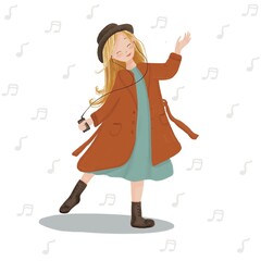 Energy girl with headphones listening to music with closed eyes. She wears a dress, coat, trench coat and hat. The illustration for postcards, posters, invitations and more.