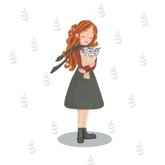 A red-haired girl in a green dress holds a bouquet of flowers and inhales the aroma with her eyes closed. The illustration for postcards, posters, invitations and more.