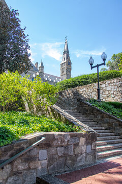 Steps Leading to Historic Tower and College Building in Georgetown - Washington, DC (USA)