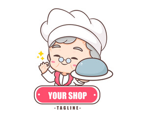 Cute grandmother chef cartoon. Grandma cooking logo vector art. People Food Icon Concept. restaurant and homemade culinary logo