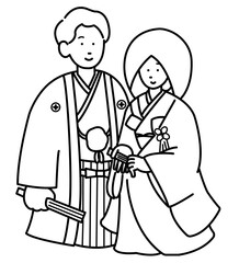 和装の新郎新婦のイラスト素材　線画のみ