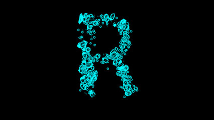 blue cartoon bijouterie transparent brilliants font - letter R, isolated - object 3D illustration