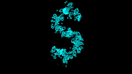 blue cartoon bijouterie finest brilliants alphabet - dollar - peso sign, isolated - object 3D illustration