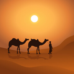 Fototapeta na wymiar Camel caravan going through the desert vector illustrstion