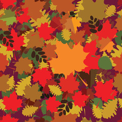 Seamless abstract pattern. Autumn background with randomly arranged leaves of Canadian maple, oak and other trees
