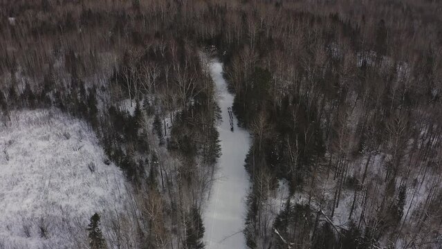 Winter Dog Sledding in Northern Minnesota, USA - aerial drone video