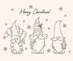 Collection cute scandinavian gnomes. Winter gnome with christmas tree, lantern and caramel stick. Vector illustration. Linear hand drawing in Doodle style. Isolated cartoon christmas characters.