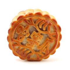 Mid-Autumn Festival moon cake on white background（Non-English texts translation :cantaloupe）