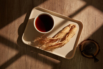 A white ginseng tray with decorations of ginseng and a teapot is shown on the wooden table