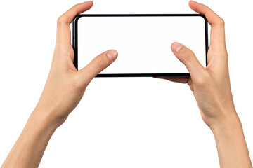 Hand holding smartphone isolated on background. PNG format file.