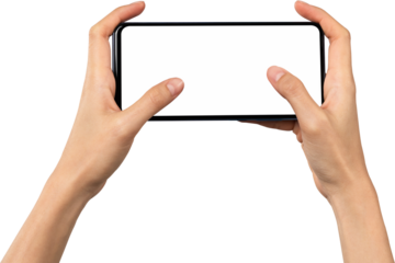 Hand holding smartphone isolated on background. PNG format file.